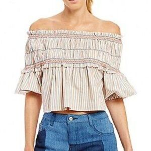 GIANNI BINI Magda Off The Shoulders Striped Shirt Blouse Crop Top Size L